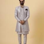 Handmade Lilac Geometrical Sequin Embroidered Open Sherwani with Kurta-Pajama Set | Father Son Combo | Jaipurio Collection